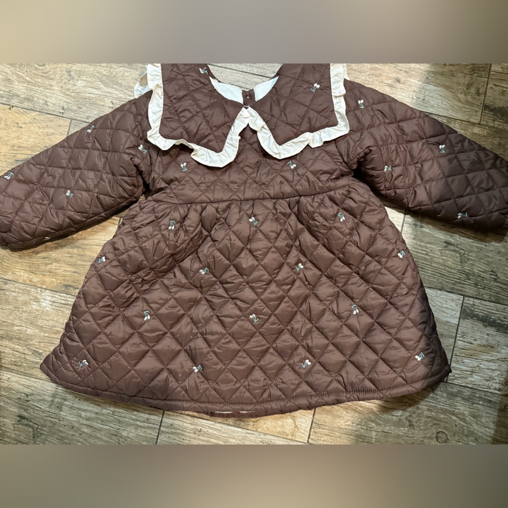 Charming Brown Quilted Kids Jacket with Ruffle Collar